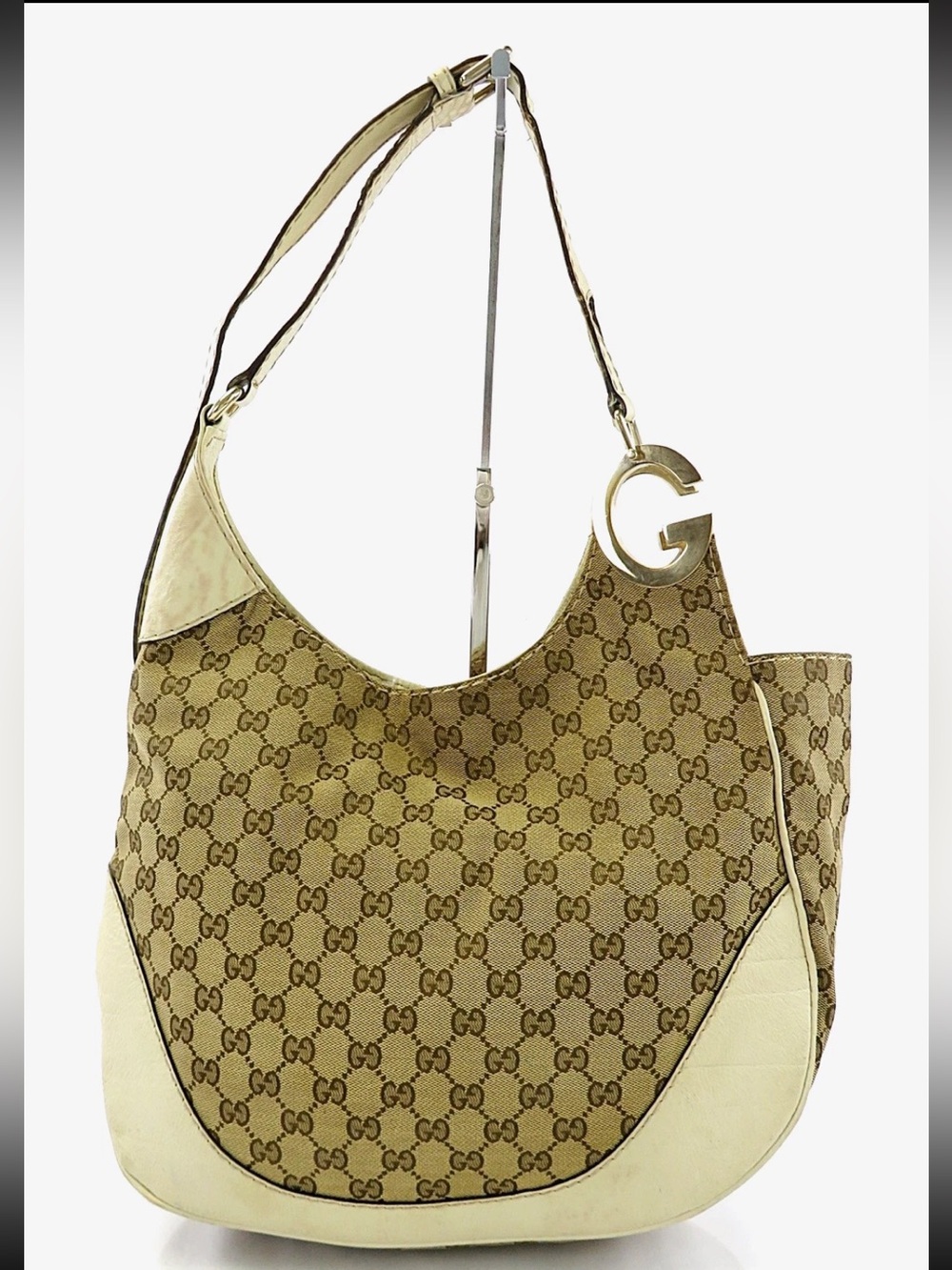 Gucci Beige GG Canvas Hobo Bag with Cream Leather Trim